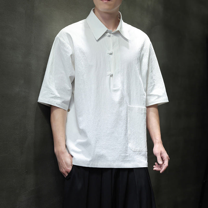 Chemise homme en coton et lin à manches mi-longues et poche, motif Buddha Stones Commute - image 3