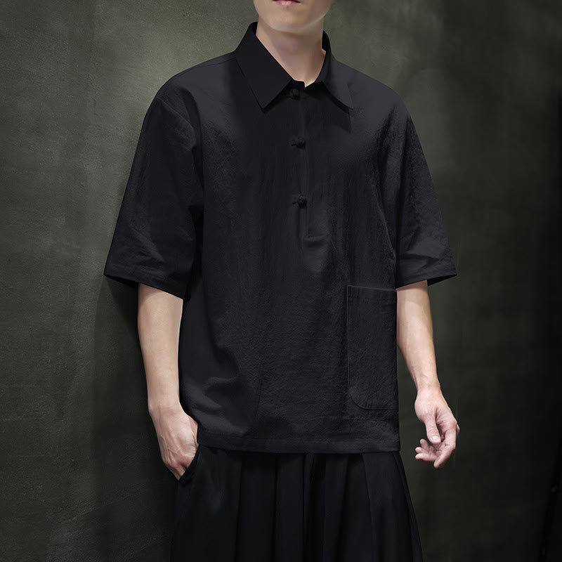 Chemise homme en coton et lin à manches mi-longues et poche, motif Buddha Stones Commute - Noir - US/UK/AU46，EU56 (5XL) - image 12
