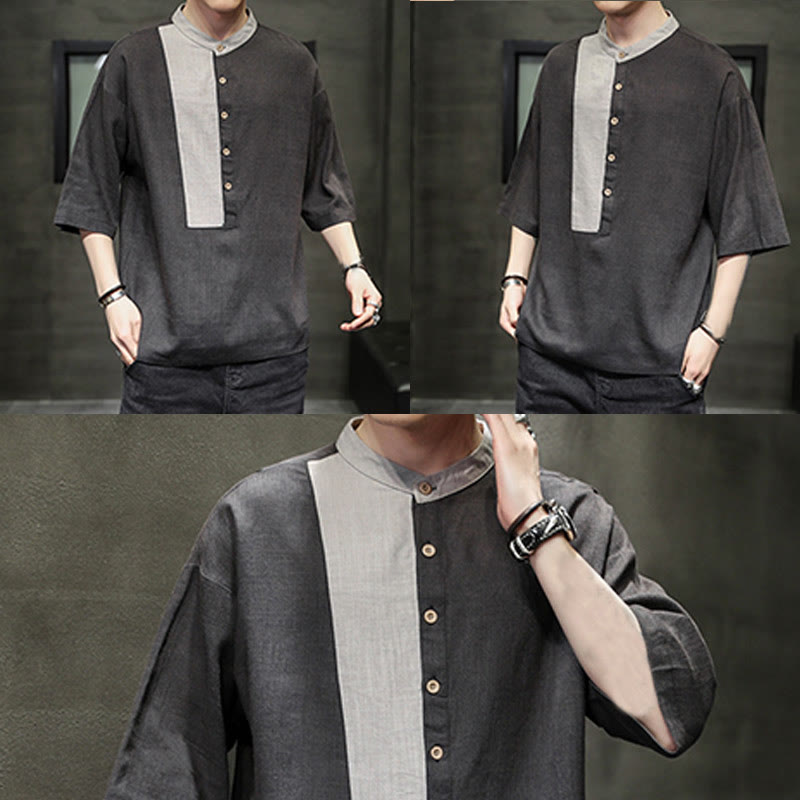 Chemise d'été en coton et lin pour homme, manches mi-longues, motif Buddha Stones, boutons et couleurs assorties