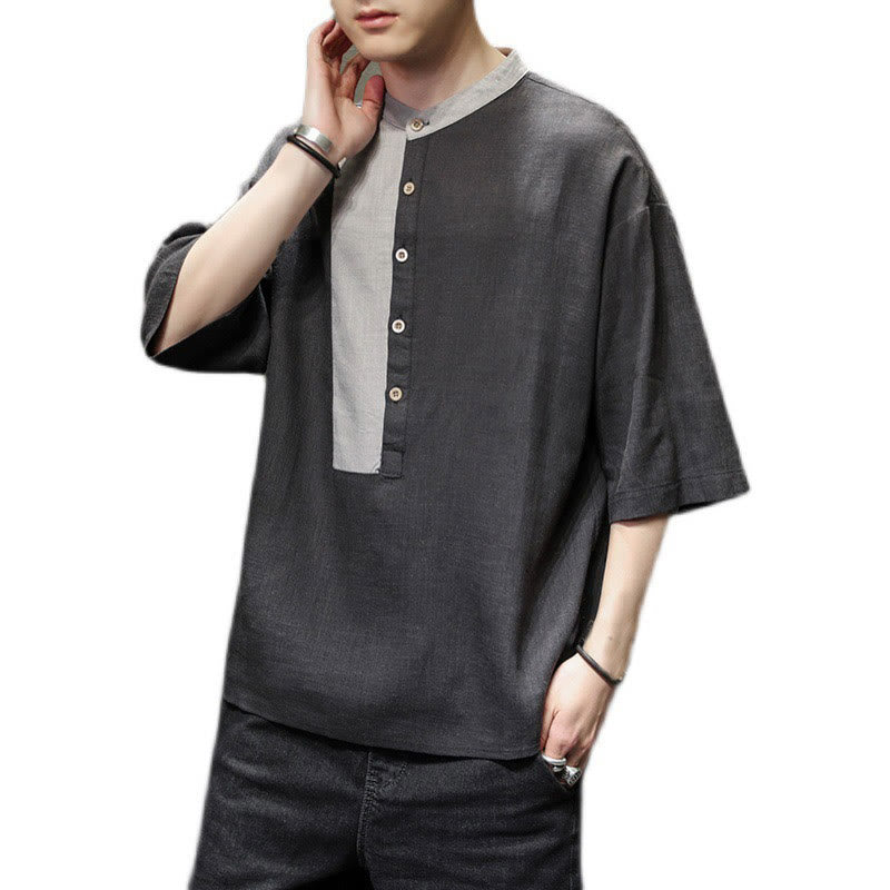 Chemise d'été en coton et lin pour homme, manches mi-longues, motif Buddha Stones, boutons et couleurs assorties