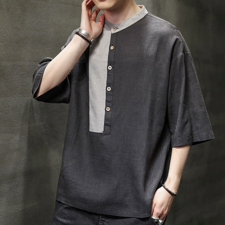 Chemise d'été en coton et lin pour homme, manches mi-longues, motif Buddha Stones, boutons et couleurs assorties