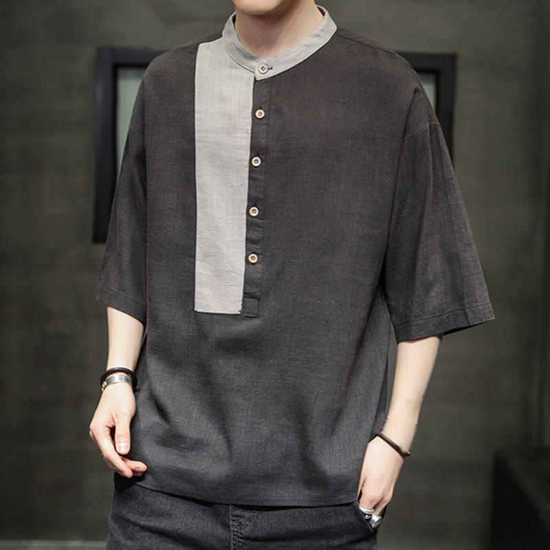 Chemise d'été en coton et lin pour homme, manches mi-longues, motif Buddha Stones, boutons et couleurs assorties