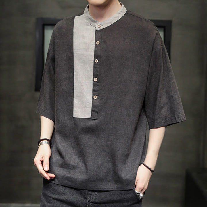 Chemise d'été en coton et lin pour homme, manches mi-longues, motif Buddha Stones, boutons et couleurs assorties