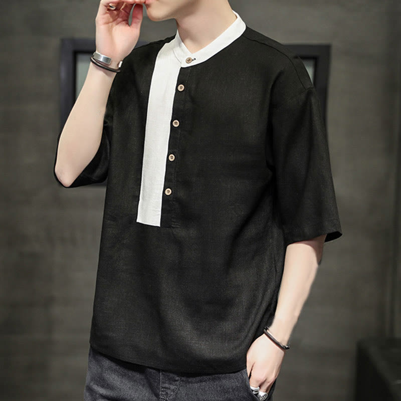 Chemise d'été en coton et lin pour homme, manches mi-longues, motif Buddha Stones, boutons et couleurs assorties