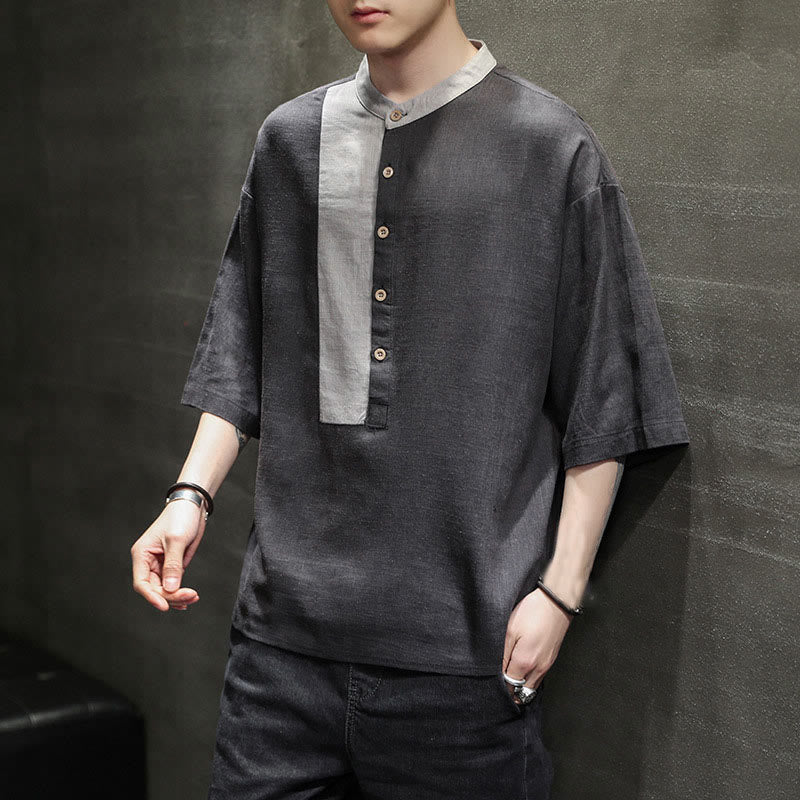 Chemise d'été en coton et lin pour homme, manches mi-longues, motif Buddha Stones, boutons et couleurs assorties