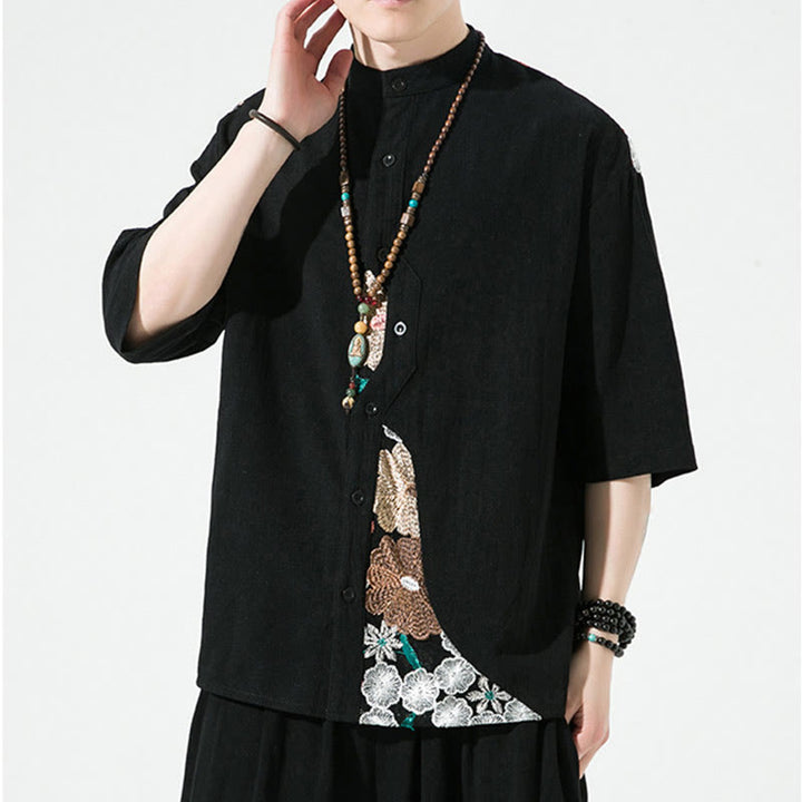 Chemise homme en coton et lin à manches trois-quarts et broderies de Buddha Stones