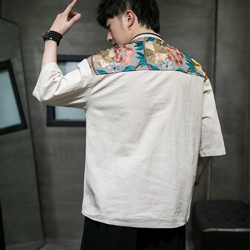 Chemise homme en coton et lin à manches trois-quarts et broderies de Buddha Stones