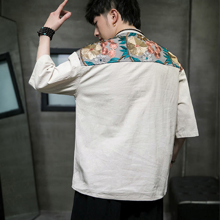 Chemise homme en coton et lin à manches trois-quarts et broderies de Buddha Stones