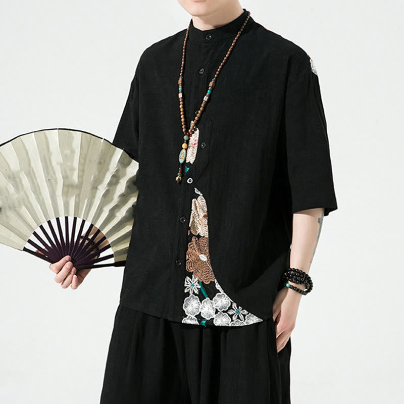 Chemise homme en coton et lin à manches trois-quarts et broderies de Buddha Stones
