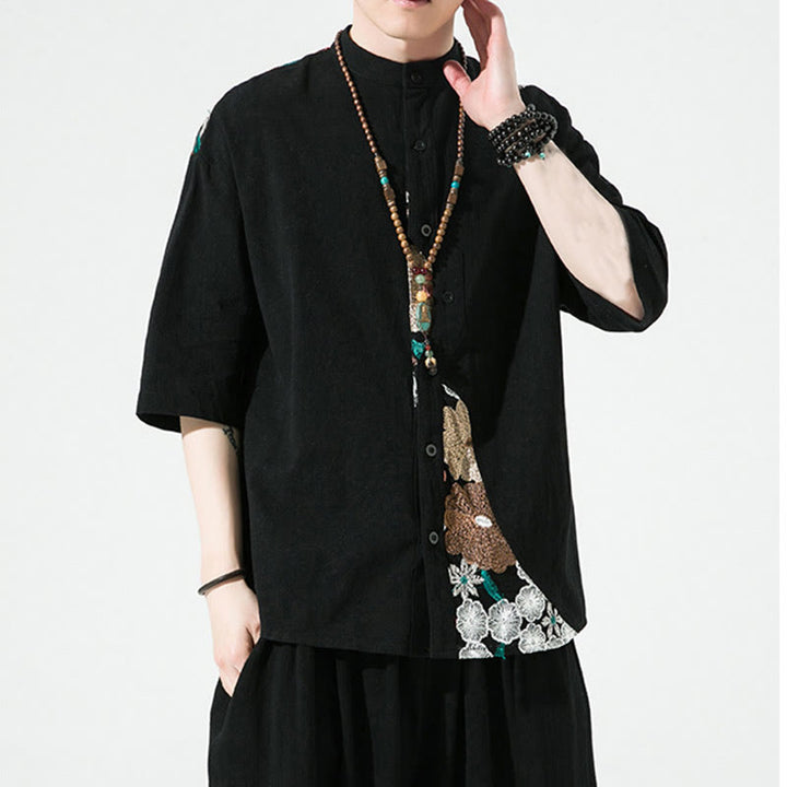 Chemise homme en coton et lin à manches trois-quarts et broderies de Buddha Stones