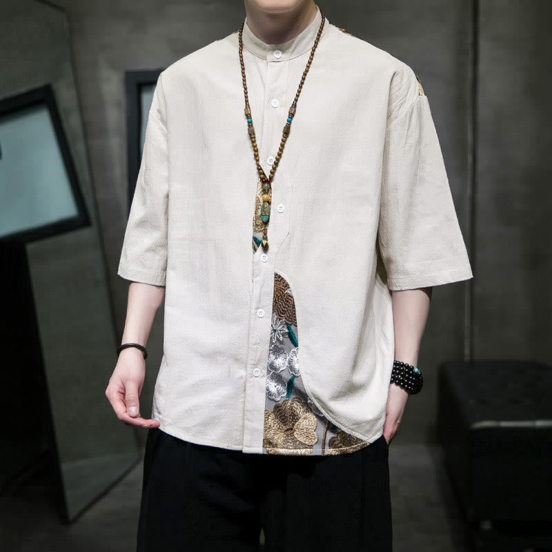 Chemise homme en coton et lin à manches trois-quarts et broderies de Buddha Stones