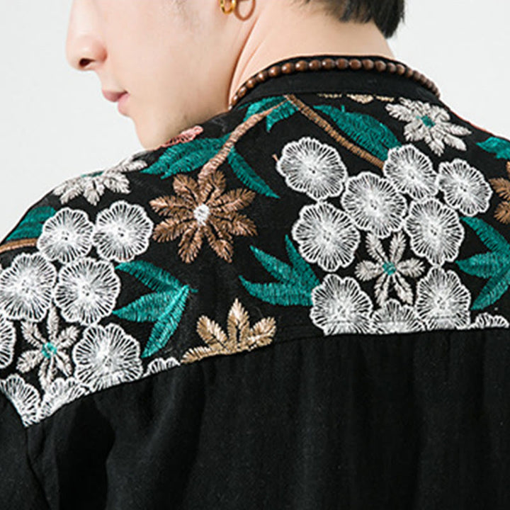 Chemise homme en coton et lin à manches trois-quarts et broderies de Buddha Stones