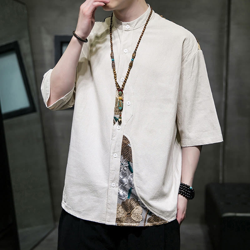 Chemise homme en coton et lin à manches trois-quarts et broderies de Buddha Stones