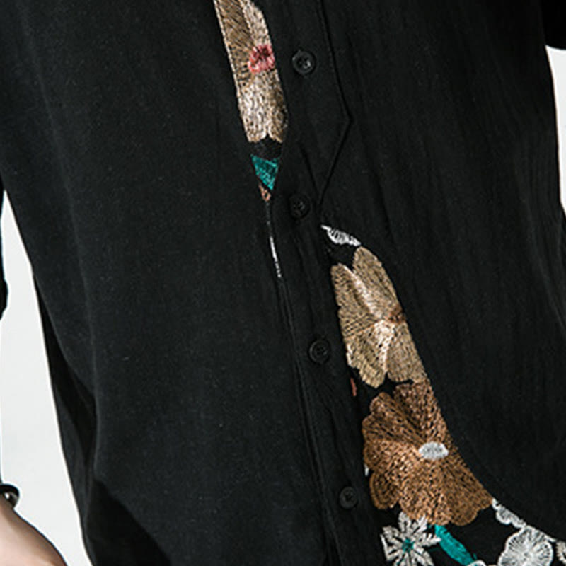 Chemise homme en coton et lin à manches trois-quarts et broderies de Buddha Stones