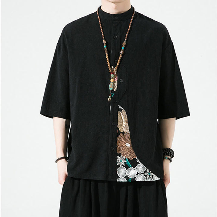 Chemise homme en coton et lin à manches trois-quarts et broderies de Buddha Stones