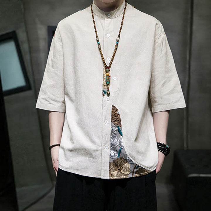 Chemise homme en coton et lin à manches trois-quarts et broderies de Buddha Stones