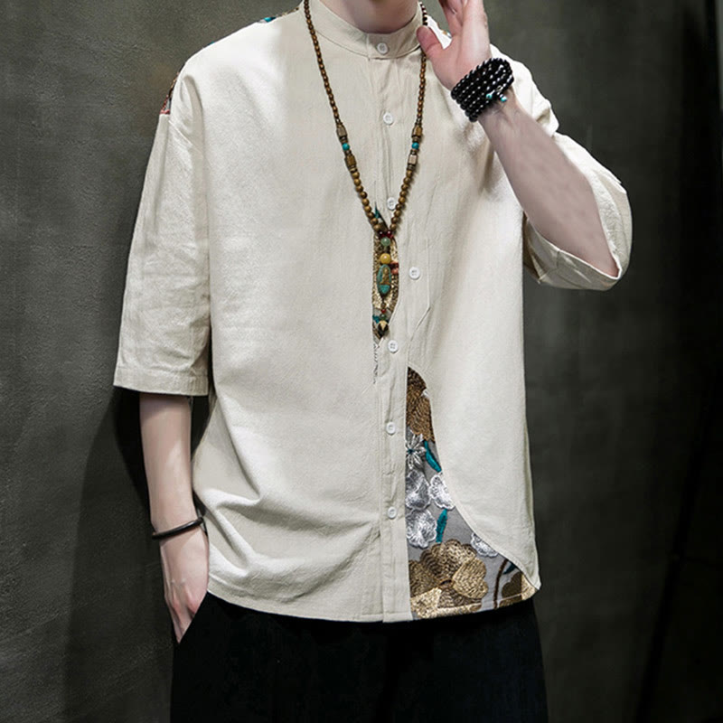 Chemise homme en coton et lin à manches trois-quarts et broderies de Buddha Stones