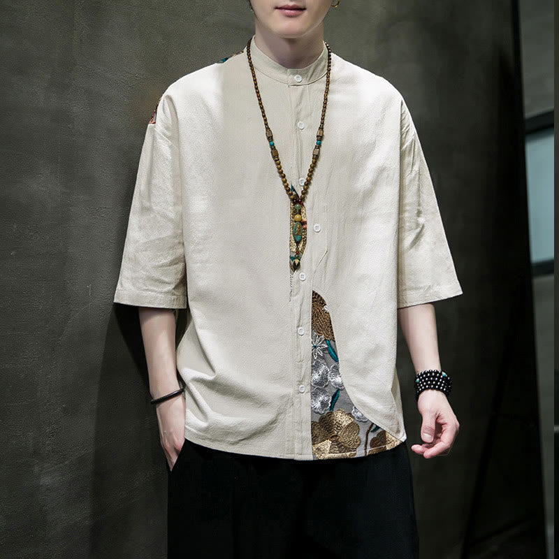 Chemise homme en coton et lin à manches trois-quarts et broderies de Buddha Stones