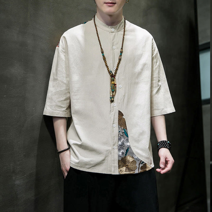 Chemise homme en coton et lin à manches trois-quarts et broderies de Buddha Stones