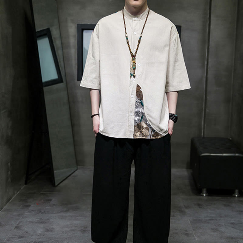 Chemise homme en coton et lin à manches trois-quarts et broderies de Buddha Stones