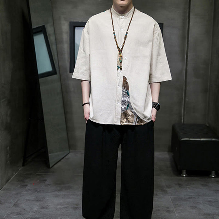 Chemise homme en coton et lin à manches trois-quarts et broderies de Buddha Stones