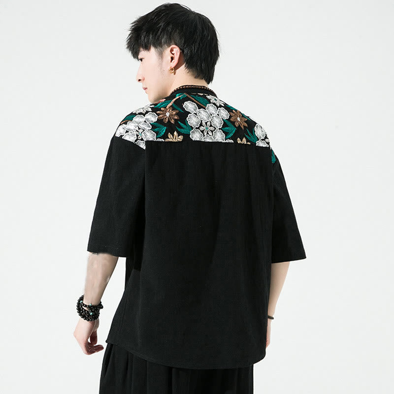 Chemise homme en coton et lin à manches trois-quarts et broderies de Buddha Stones