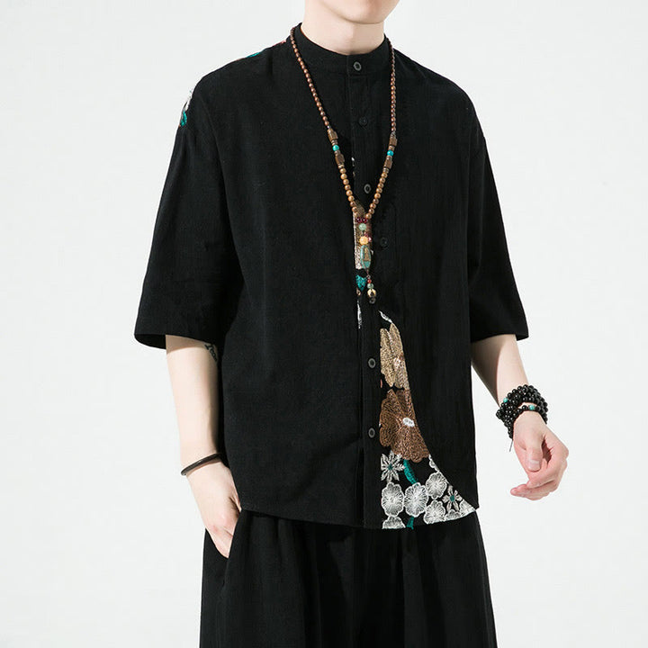 Chemise homme en coton et lin à manches trois-quarts et broderies de Buddha Stones