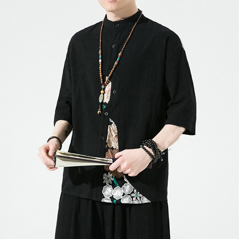 Chemise homme en coton et lin à manches trois-quarts et broderies de Buddha Stones