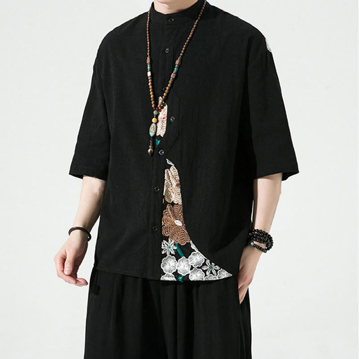 Chemise homme en coton et lin à manches trois-quarts et broderies de Buddha Stones