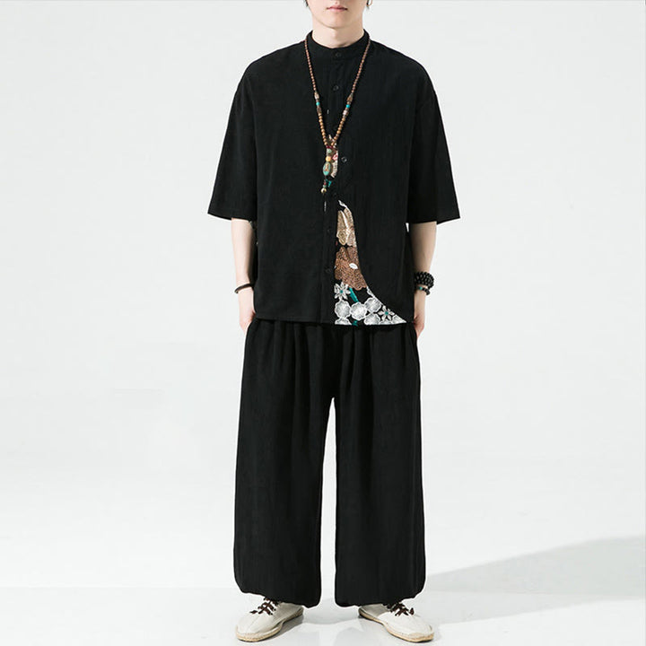 Chemise homme en coton et lin à manches trois-quarts et broderies de Buddha Stones