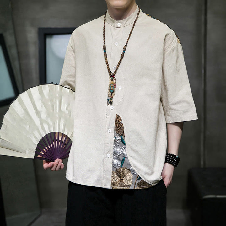 Chemise homme en coton et lin à manches trois-quarts et broderies de Buddha Stones