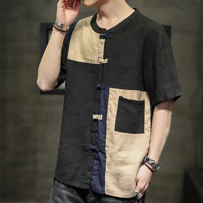 Chemise homme en coton et lin à manches mi-longues et boutons assortis avec poches et motif Buddha Stones