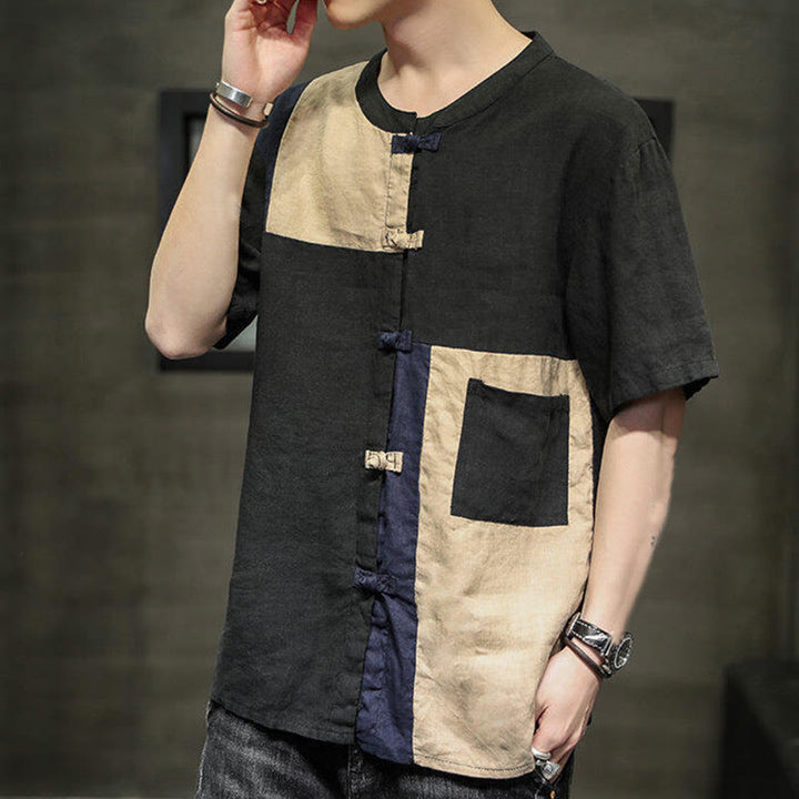 Chemise homme en coton et lin à manches mi-longues et boutons assortis avec poches et motif Buddha Stones