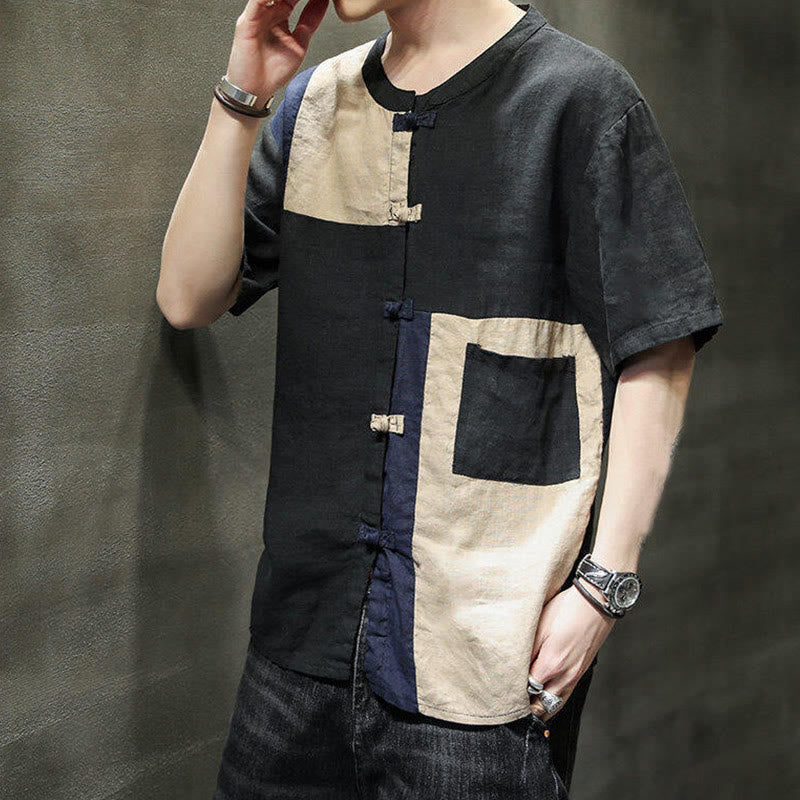 Chemise homme en coton et lin à manches mi-longues et boutons assortis avec poches et motif Buddha Stones