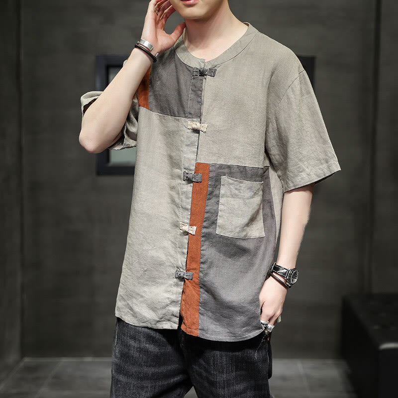 Chemise homme en coton et lin à manches mi-longues et boutons assortis avec poches et motif Buddha Stones