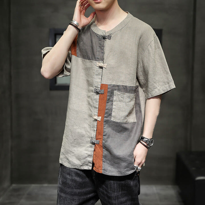 Chemise homme en coton et lin à manches mi-longues et boutons assortis avec poches et motif Buddha Stones