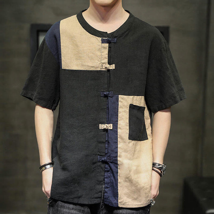 Chemise homme en coton et lin à manches mi-longues et boutons assortis avec poches et motif Buddha Stones