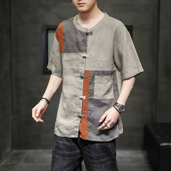 Chemise homme en coton et lin à manches mi-longues et boutons assortis avec poches et motif Buddha Stones