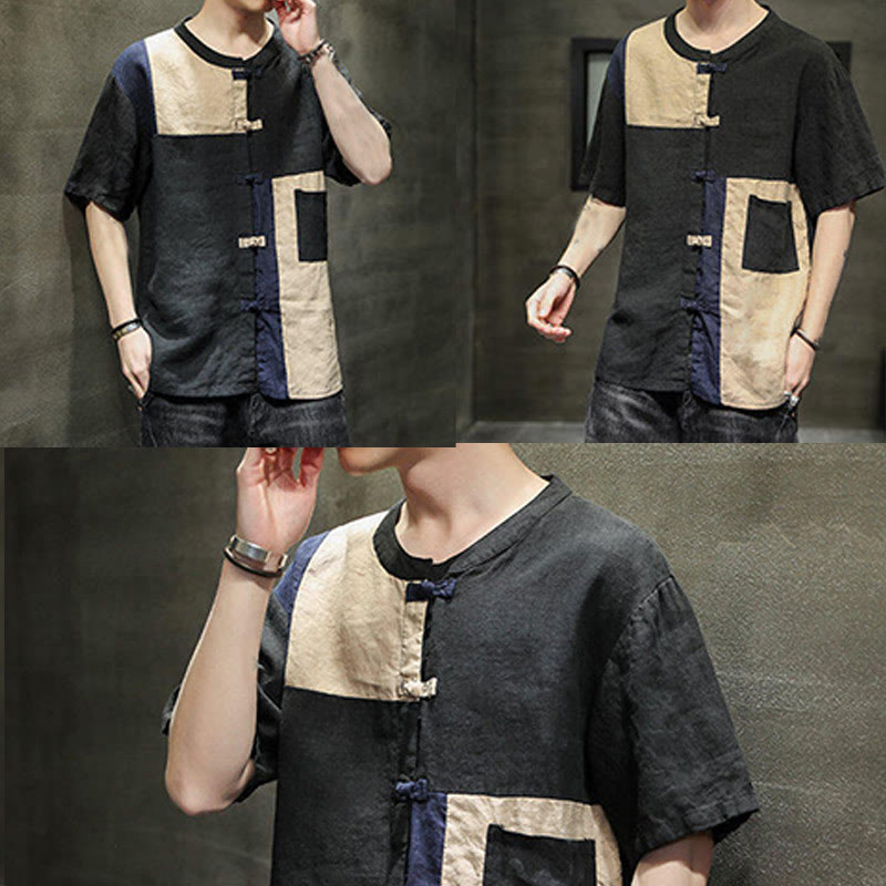 Chemise homme en coton et lin à manches mi-longues et boutons assortis avec poches et motif Buddha Stones