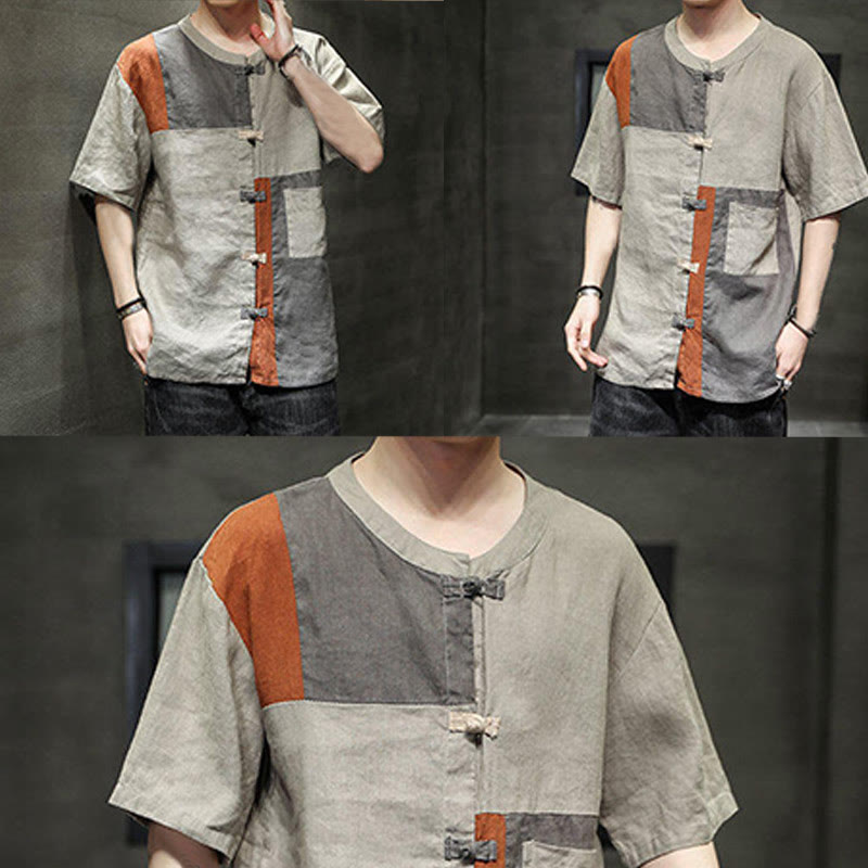 Chemise homme en coton et lin à manches mi-longues et boutons assortis avec poches et motif Buddha Stones
