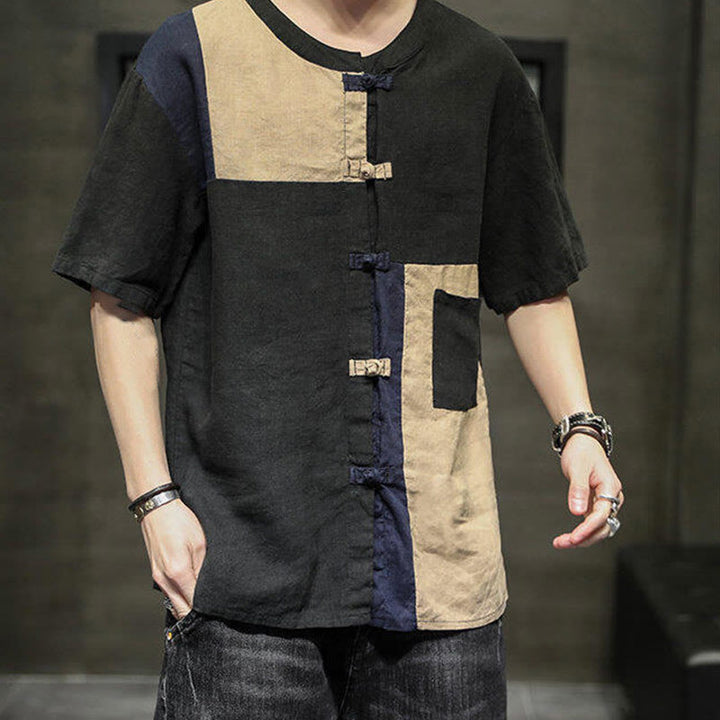 Chemise homme en coton et lin à manches mi-longues et boutons assortis avec poches et motif Buddha Stones
