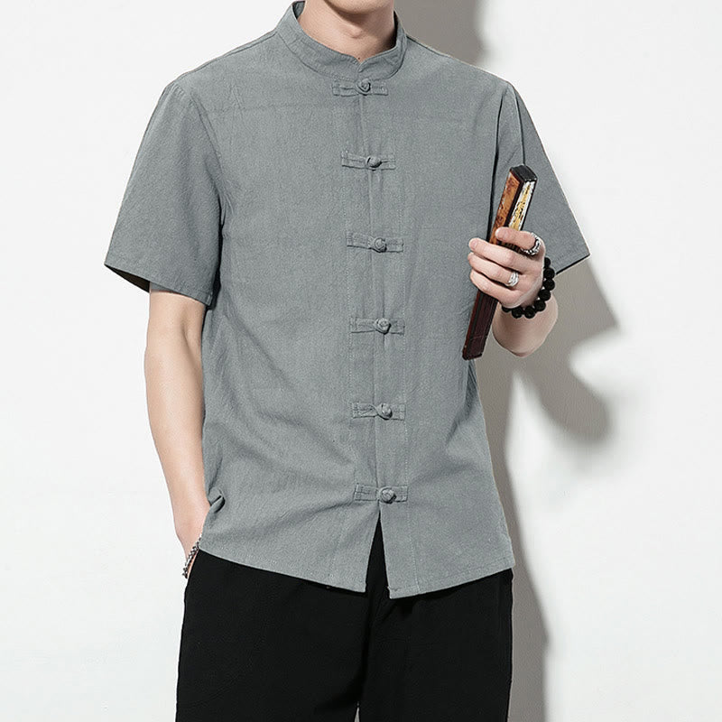 Chemise décontractée en lin à manches courtes pour homme avec boutons de grenouille sur le devant et couleur unie avec Buddha Stones - image 35