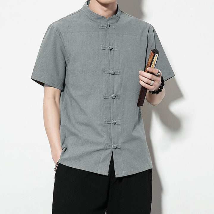 Chemise décontractée en lin à manches courtes pour homme avec boutons de grenouille sur le devant et couleur unie avec Buddha Stones - image 35