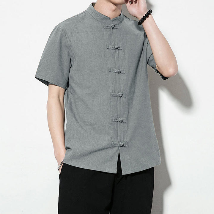 Chemise décontractée en lin à manches courtes pour homme avec boutons de grenouille sur le devant et couleur unie avec Buddha Stones - image 32