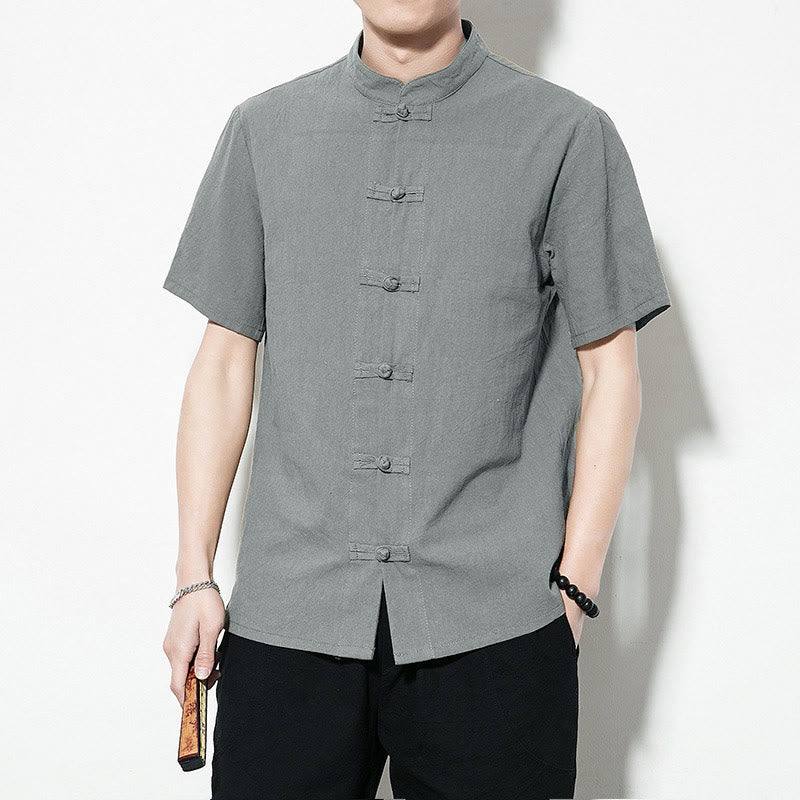 Chemise décontractée en lin à manches courtes pour homme avec boutons de grenouille sur le devant et couleur unie avec Buddha Stones - image 30