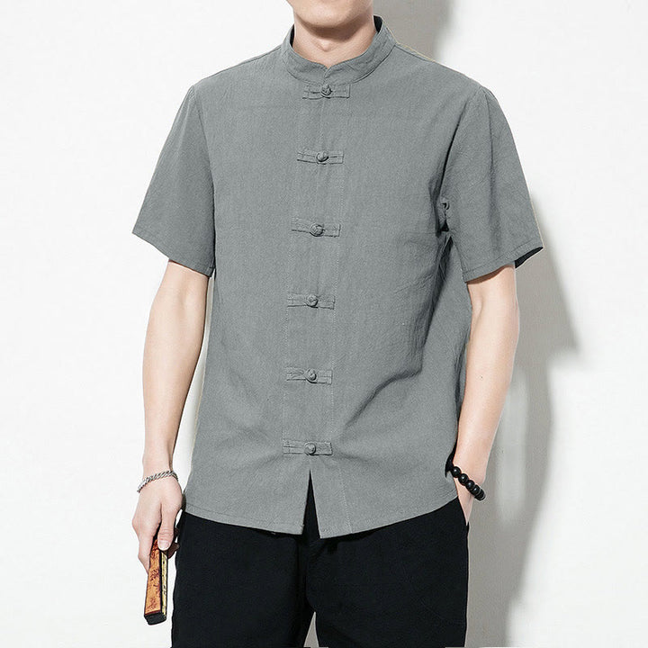 Chemise décontractée en lin à manches courtes pour homme avec boutons de grenouille sur le devant et couleur unie avec Buddha Stones - image 30