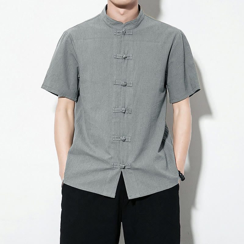 Chemise décontractée en lin à manches courtes pour homme avec boutons de grenouille sur le devant et couleur unie avec Buddha Stones - CadetBlue - US/UK/AU46，EU56 (5XL) - image 29