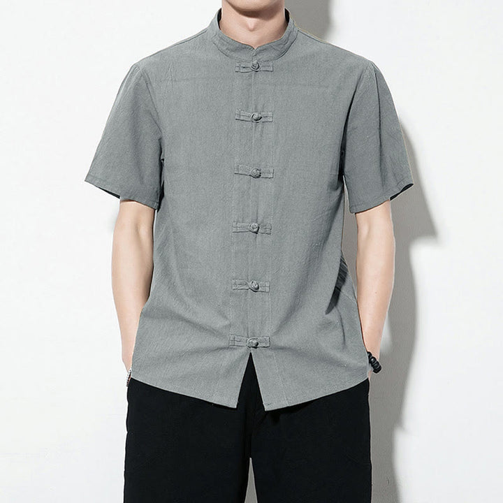 Chemise décontractée en lin à manches courtes pour homme avec boutons de grenouille sur le devant et couleur unie avec Buddha Stones - CadetBlue - US/UK/AU46，EU56 (5XL) - image 29