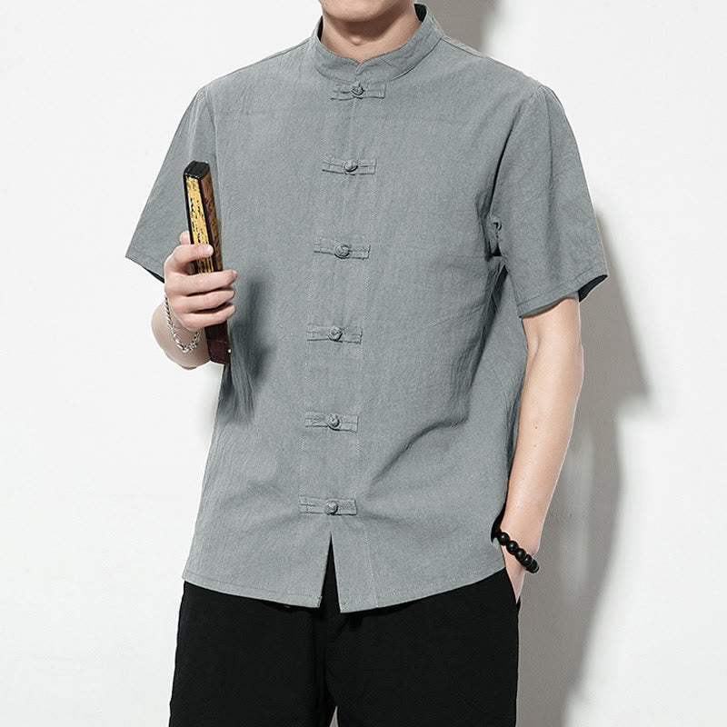 Chemise décontractée en lin à manches courtes pour homme avec boutons de grenouille sur le devant et couleur unie avec Buddha Stones - image 33