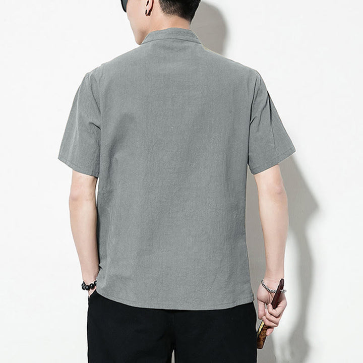 Chemise décontractée en lin à manches courtes pour homme avec boutons de grenouille sur le devant et couleur unie avec Buddha Stones - image 31